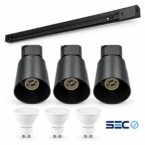 PACK Riel Monofásico Negro 1 Metro + 3 Focos + 3 Ampolletas GU10 8W Luz Cálida 3000K