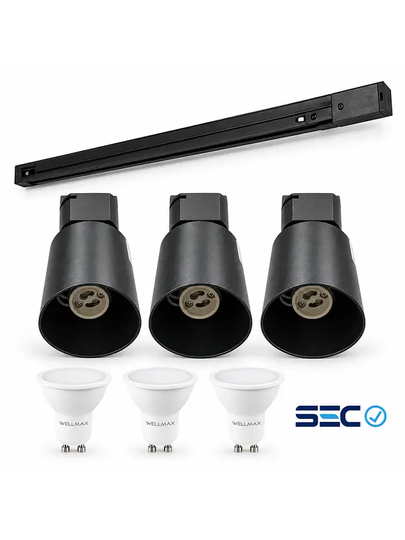 PACK Riel Monofásico Negro 1 Metro + 3 Focos + 3 Ampolletas GU10 8W Luz Cálida 3000K 1