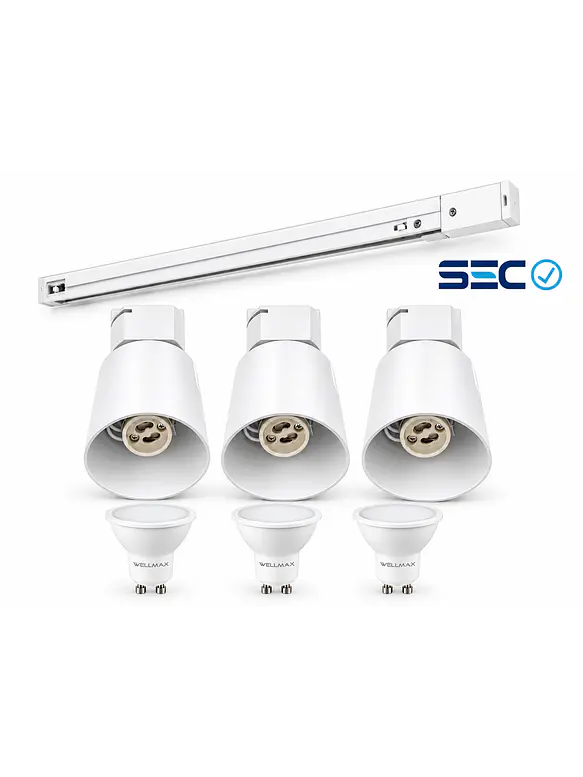 PACK Riel Monofásico Blanco 1 Metro + 3 Focos + 3 Ampolletas GU10 8W Luz Cálida 3000K 1