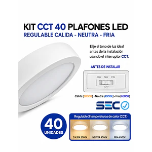 PACK 40 Plafones LED Sobrepuestos 12W 3CCT 3000K 4000K 6500K Blanco SEC