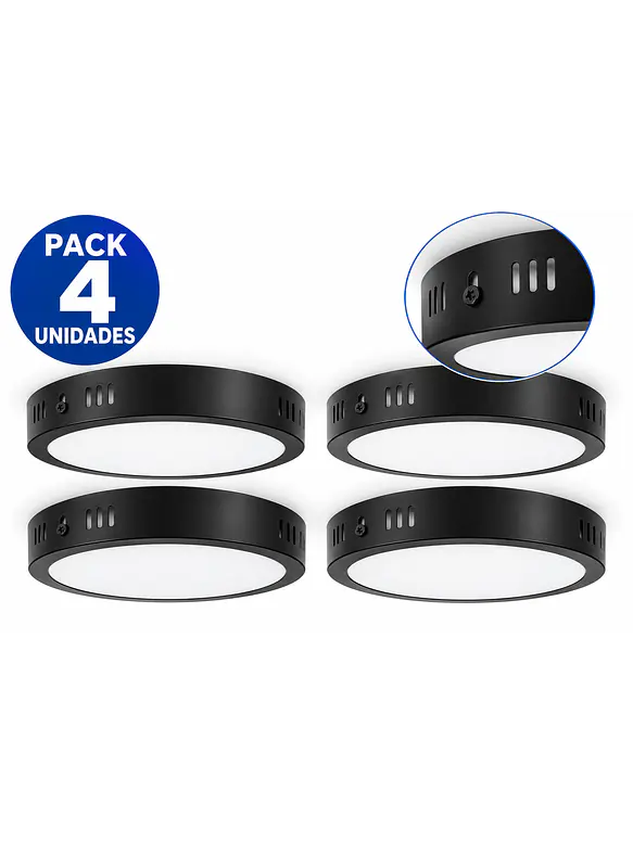 PACK 4 Plafones LED Sobrepuestos Redondos Negros 18W Ø215mm 1