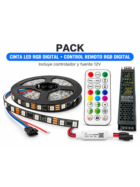 PACK Cinta LED RGB Digital 5050 5m 12V Bluetooth + Fuente 1