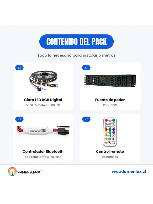 PACK Cinta LED RGB Digital 5050 5m 12V Bluetooth + Fuente 3