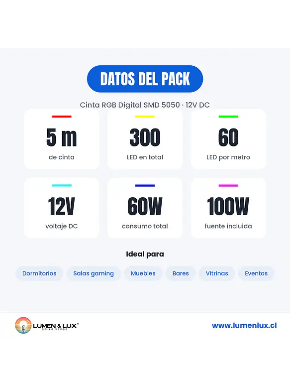 PACK Cinta LED RGB Digital 5050 5m 12V Bluetooth + Fuente 6