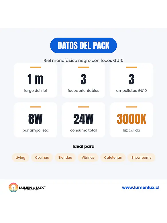 Pack Riel Negro 1M + 3 Focos + 3 GU10 6W 3000K 9