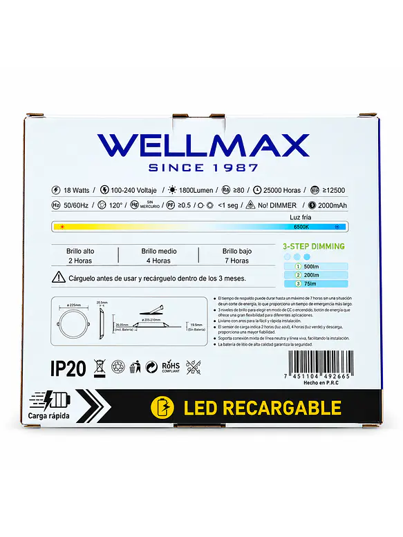 PACK 2 Paneles LED 18W Emergencia 1800Lm Luz Fría Embutidos 5