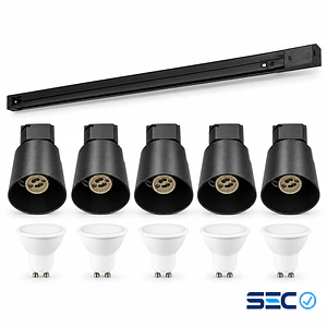 PACK Riel Monofásico 2 Metros + 5 Focos Negro + 5 Ampolletas LED GU10 6W Luz Cálida 3000K SEC
