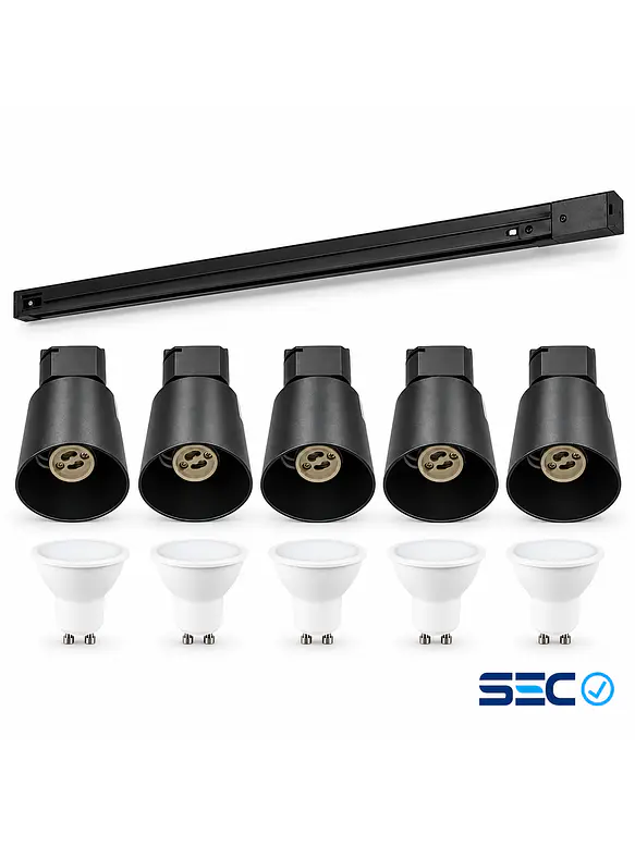 PACK Riel Monofásico 2 Metros + 5 Focos Negro + 5 Ampolletas LED GU10 6W Luz Cálida 3000K SEC 1
