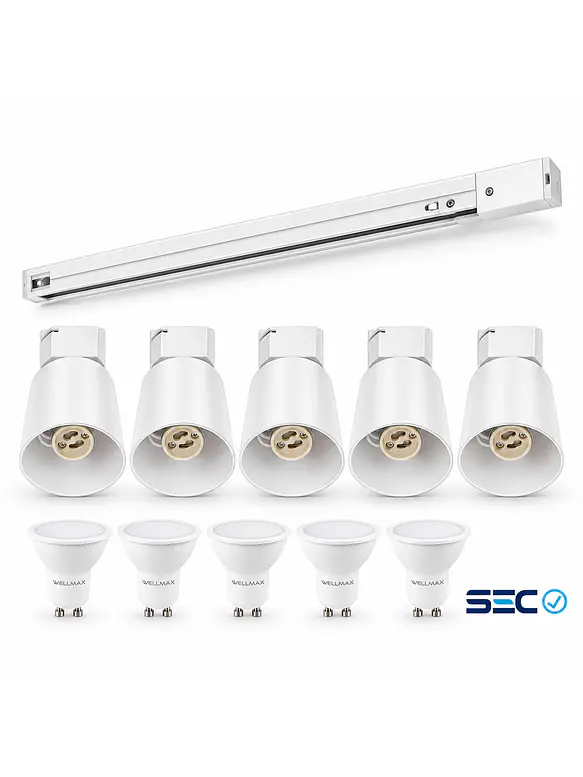 PACK Riel Monofásico 2 Metros + 5 Focos Blanco + 5 Ampolletas LED GU10 6W Luz Cálida 3000K SEC 1