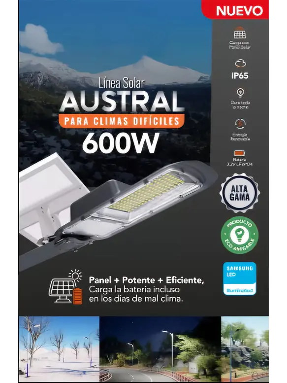 Luminaria Solar Pública AUSTRAL 600W Luz Fría 6500K IP65 con Kit Completo  5