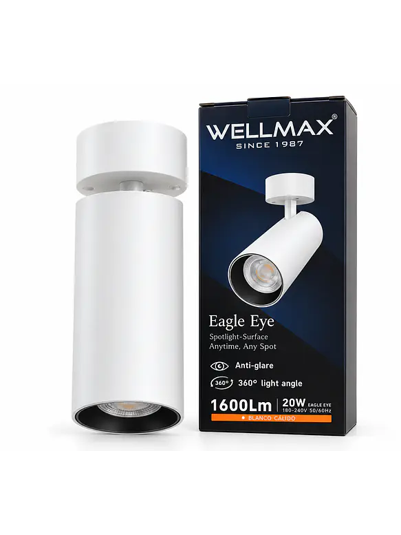 Foco LED Sobrepuesto Orientable WELLMAX Eagle Eye 20W 1600Lm Luz Cálida 3000K Blanco IP20 SEC 1