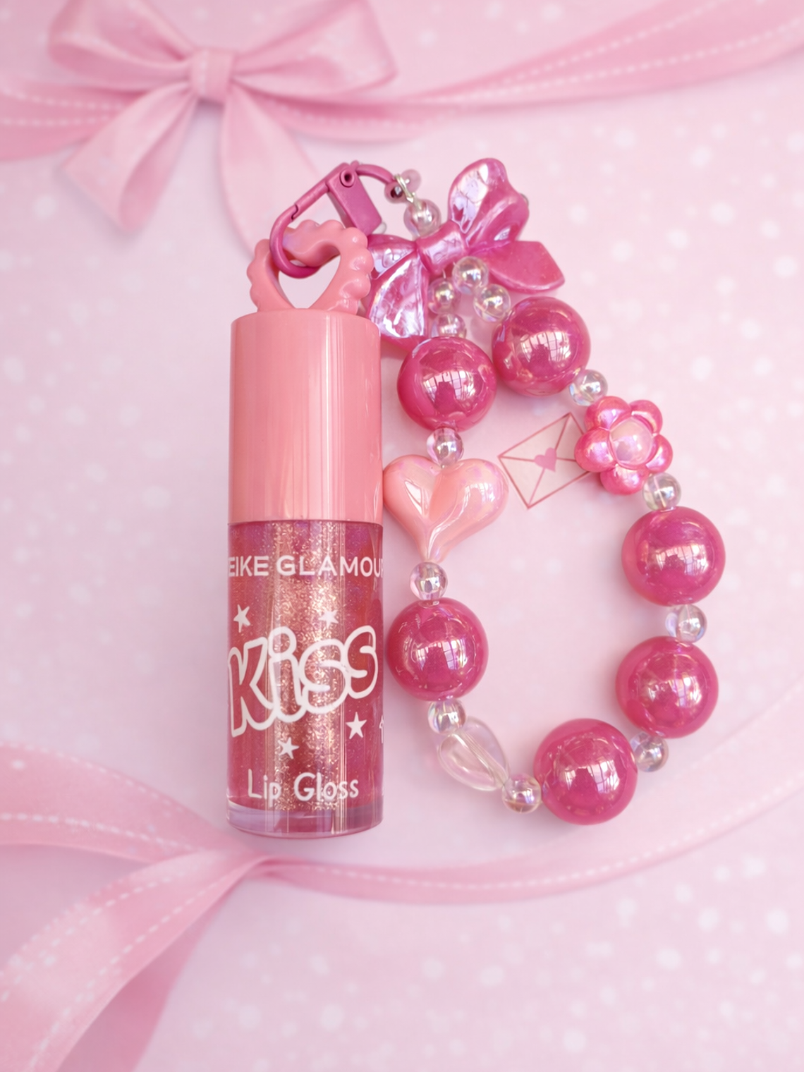 LIP GLOSS KISS CON LLAVERO ROSA (02) MEIKE GLAMOUR 8G  1