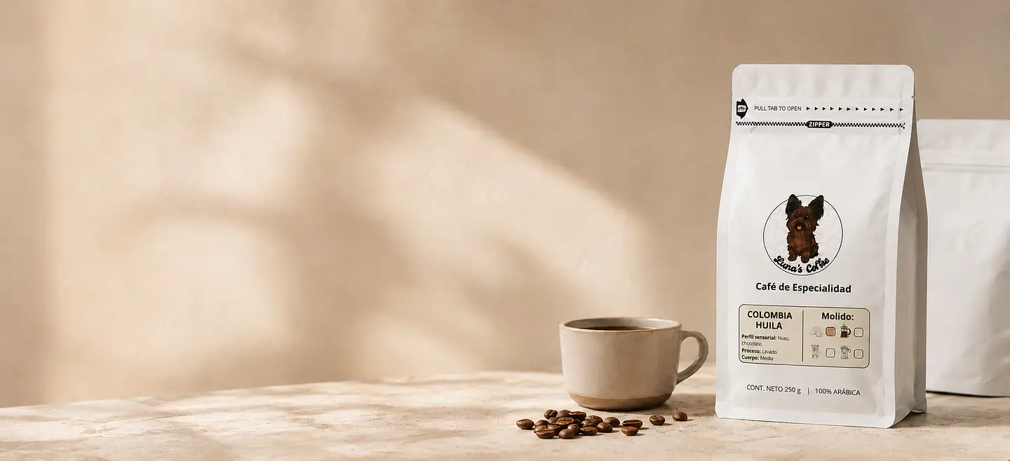 Café Colombia Huila de Luna’s Coffee junto a una taza