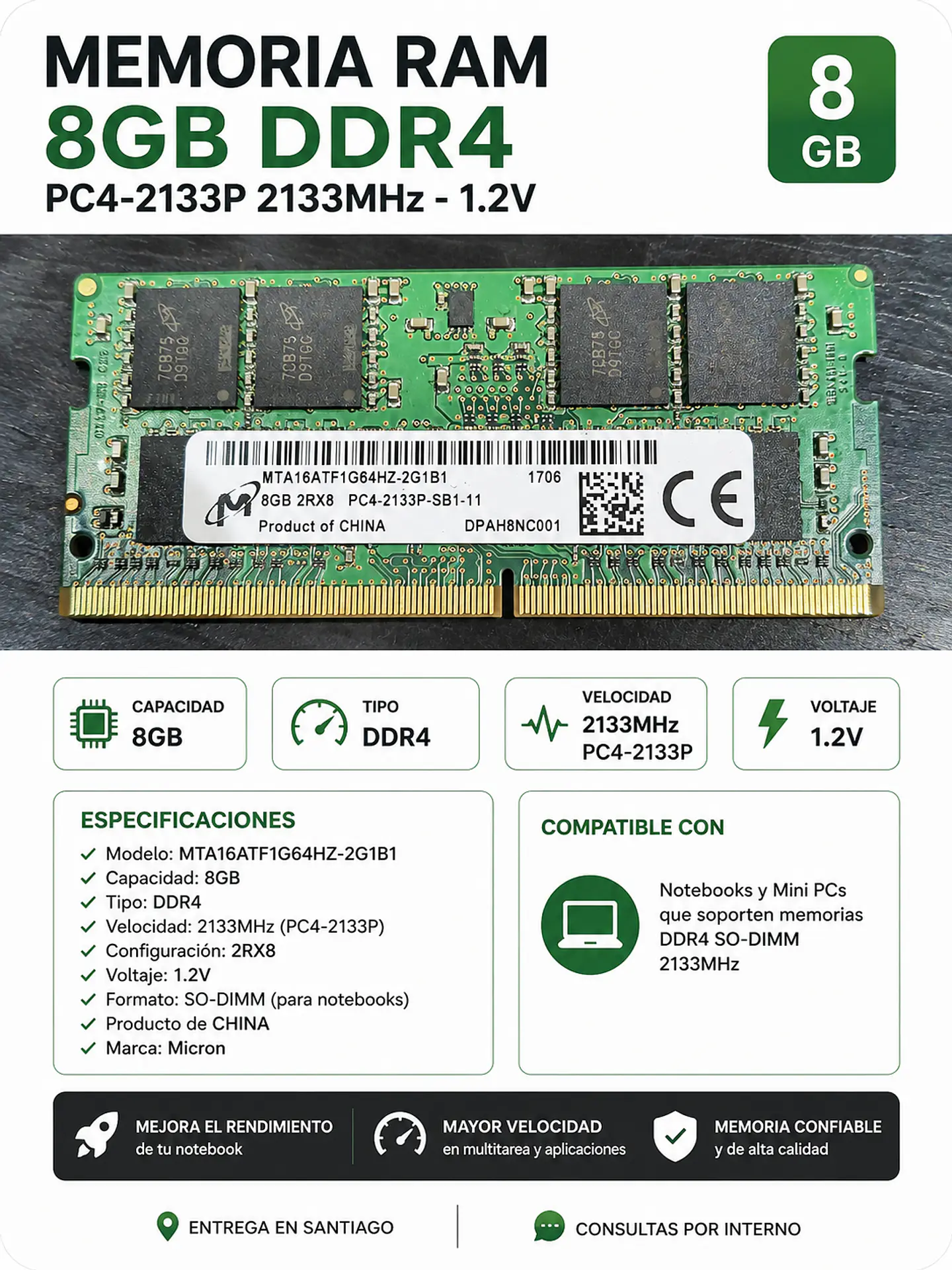 Memoria RAM 8GB DDR4 2133MHz SO-DIMM para notebook 1
