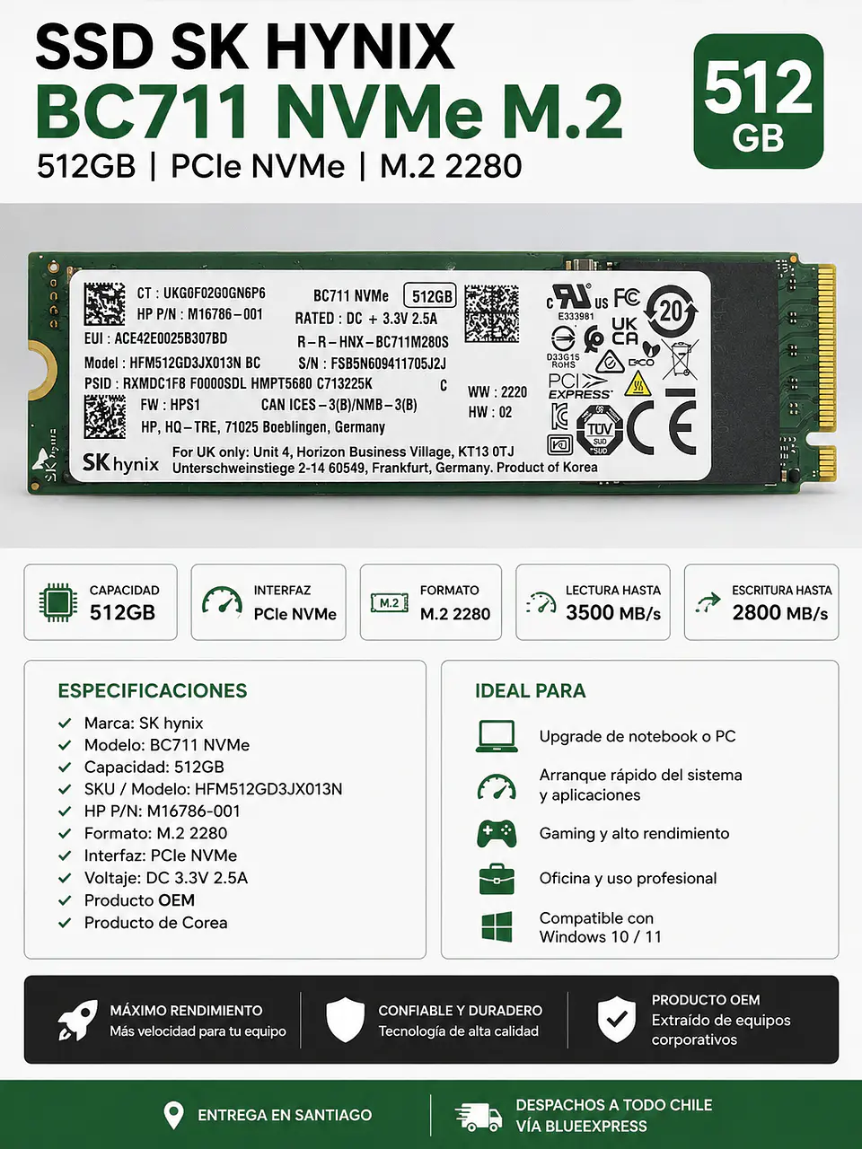Disco Duro SSD NVMe SK hynix BC711 512GB M.2 PCIe 1