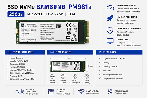 Discos Duro M2, SSD NVMe Samsung PM981a 256GB OEM