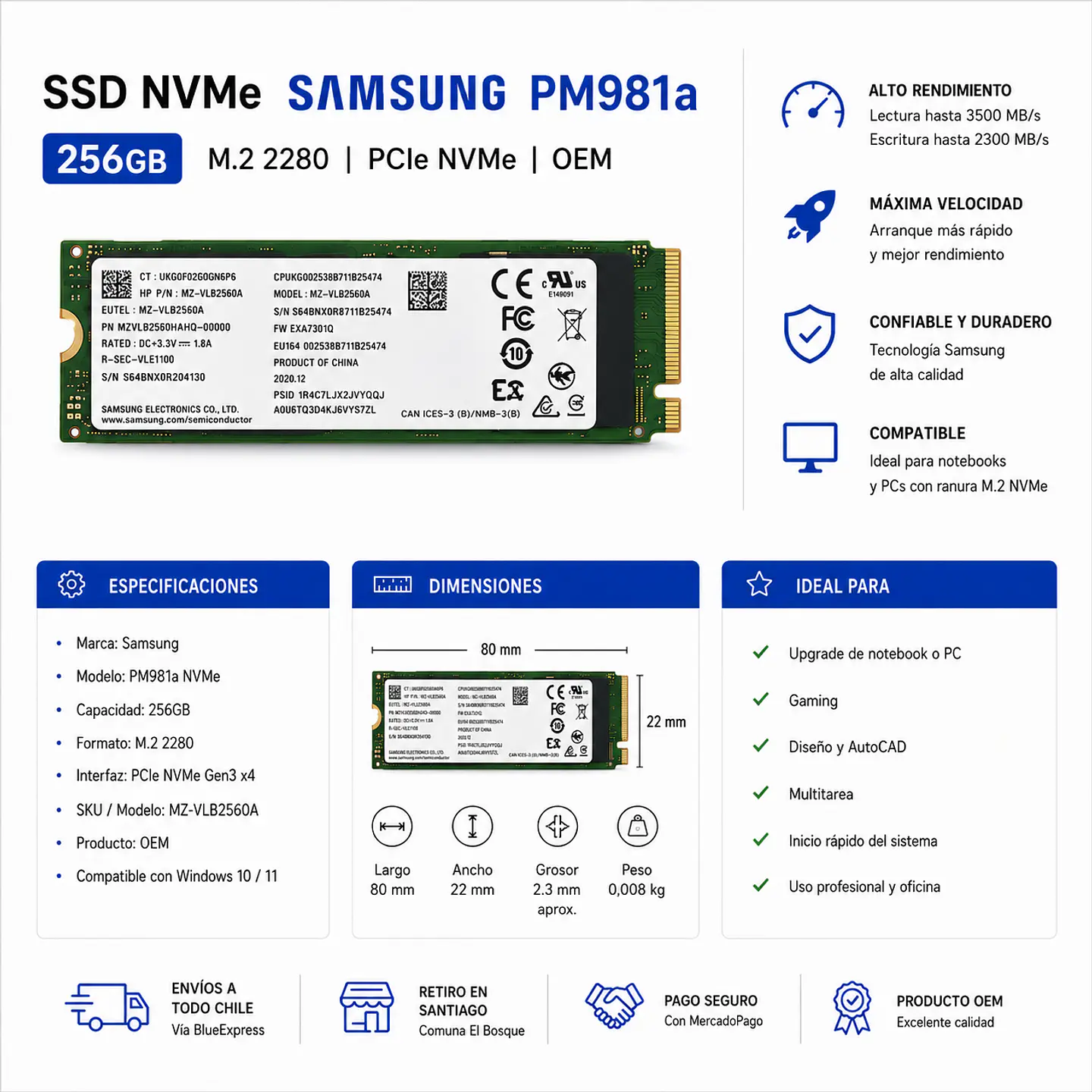 Discos Duro M2, SSD NVMe Samsung PM981a 256GB OEM 1