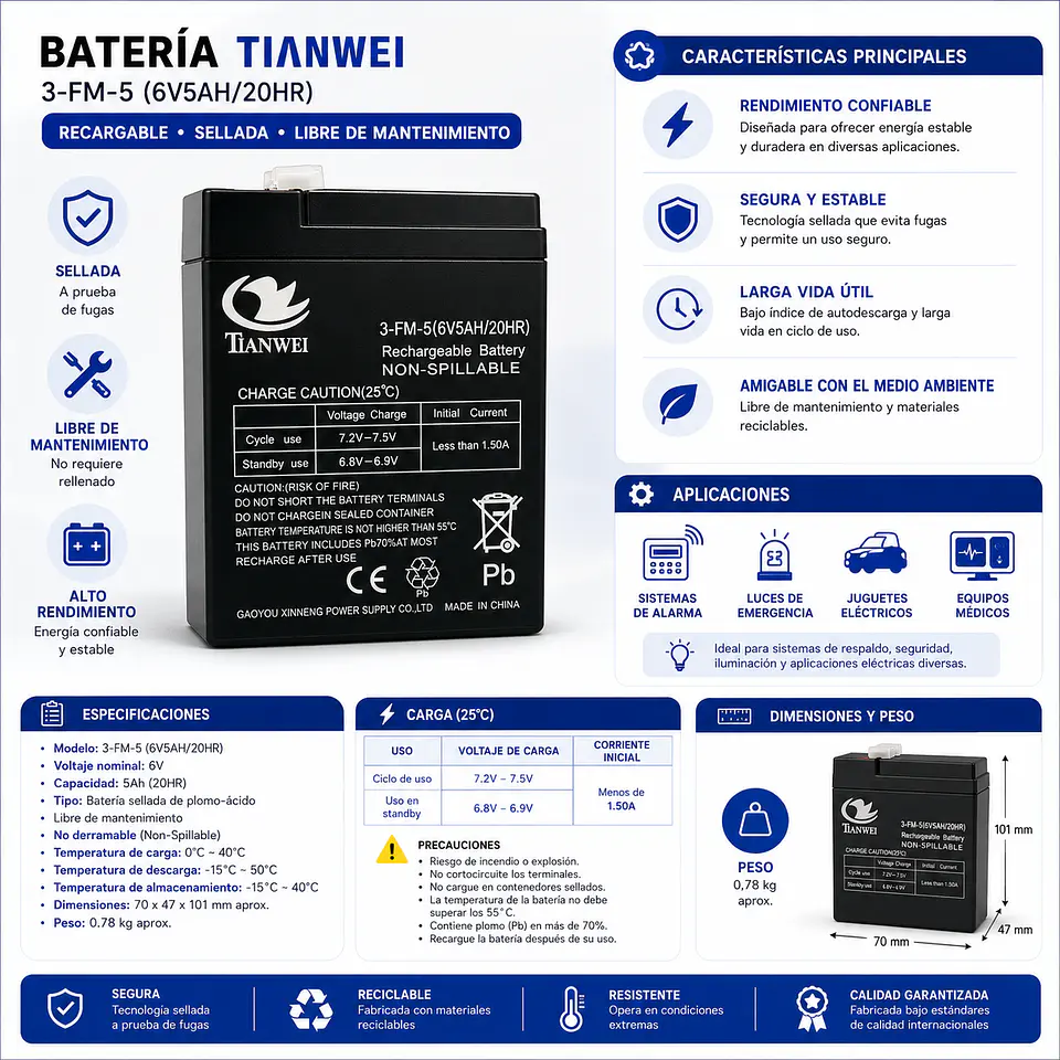 Bateria 6V AH/20HR RECARGABLE MARCA TIANWEI MAXIMA CALIDAD 1