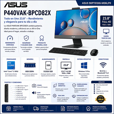 Computador Todo en Uno Asus P440VAK-BPCD82X Core 3 100U RAM 8GB SSD 512GB 23.8" W11P