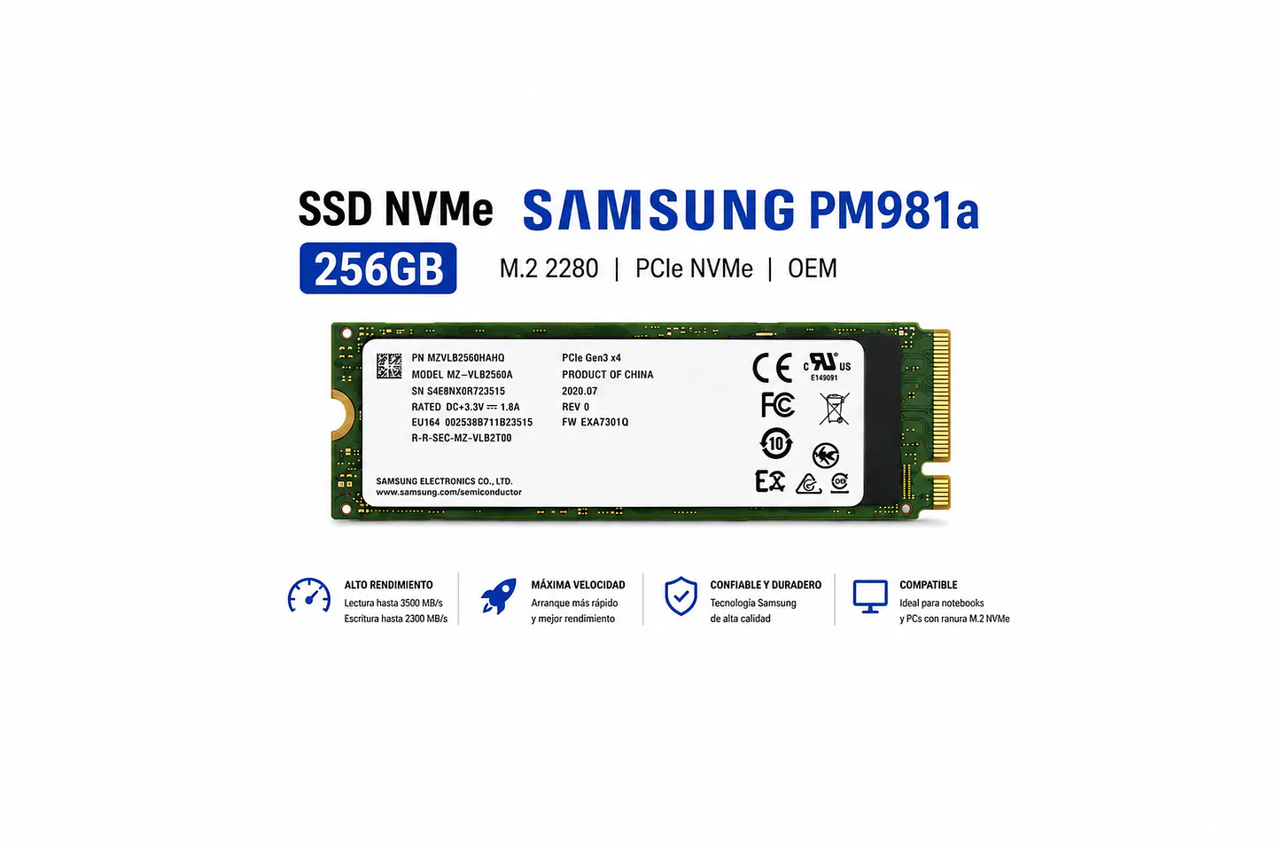 Discos Duro M2, SSD NVMe Samsung PM981a 256GB OEM 1