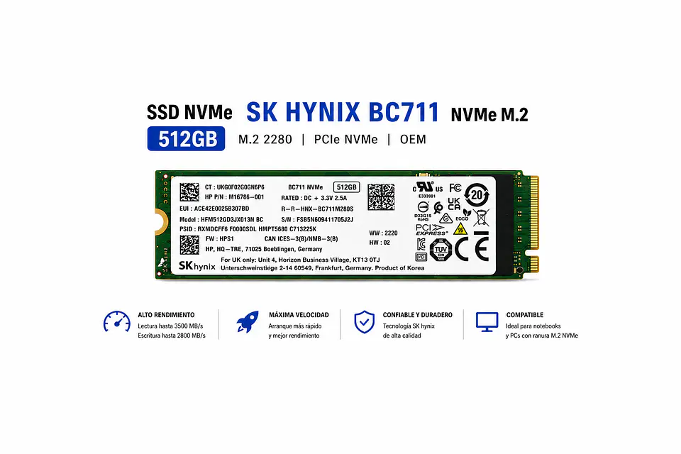 Disco Duro SSD NVMe SK hynix BC711 512GB M.2 PCIe 1