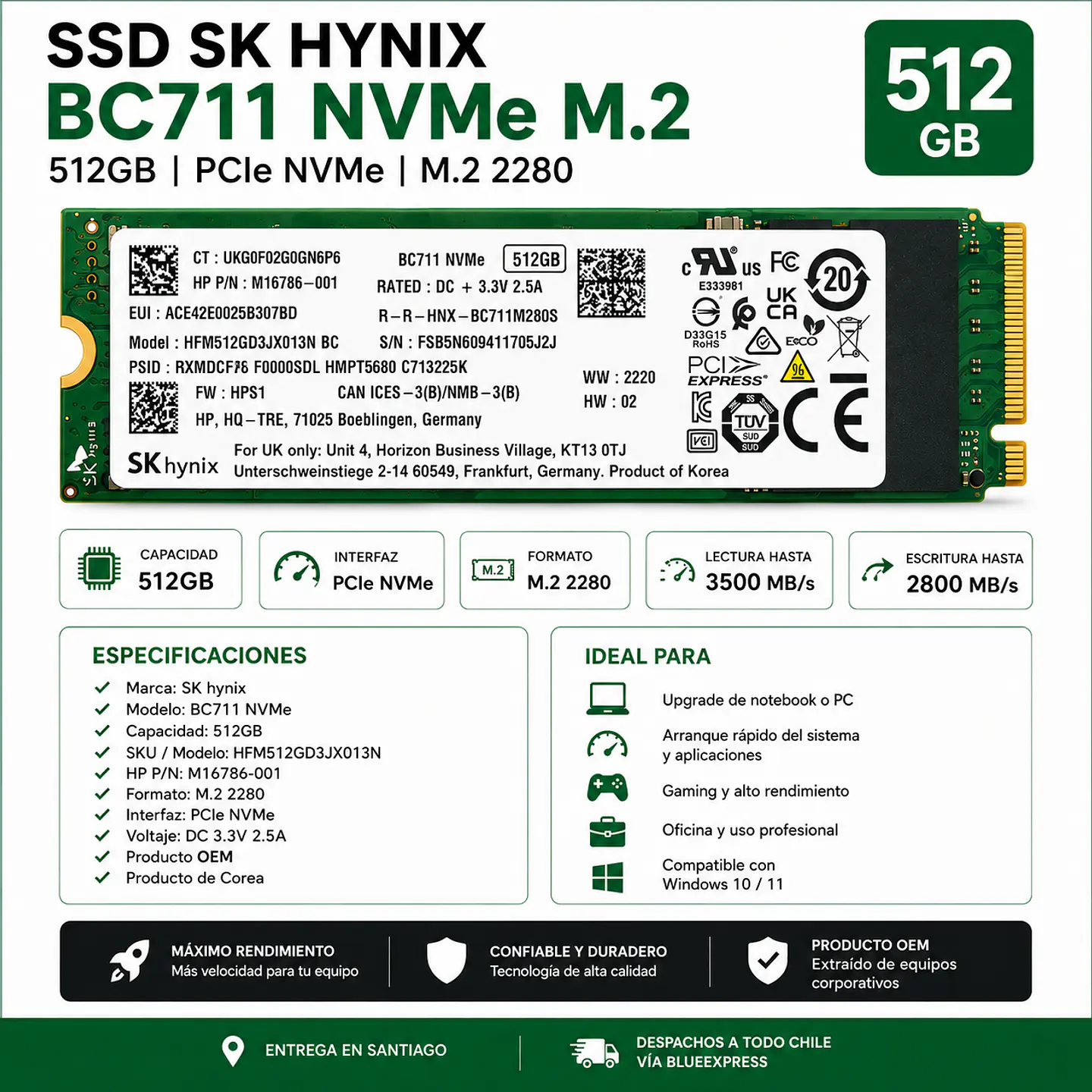 Disco Duro SSD NVMe SK hynix BC711 512GB M.2 PCIe 2