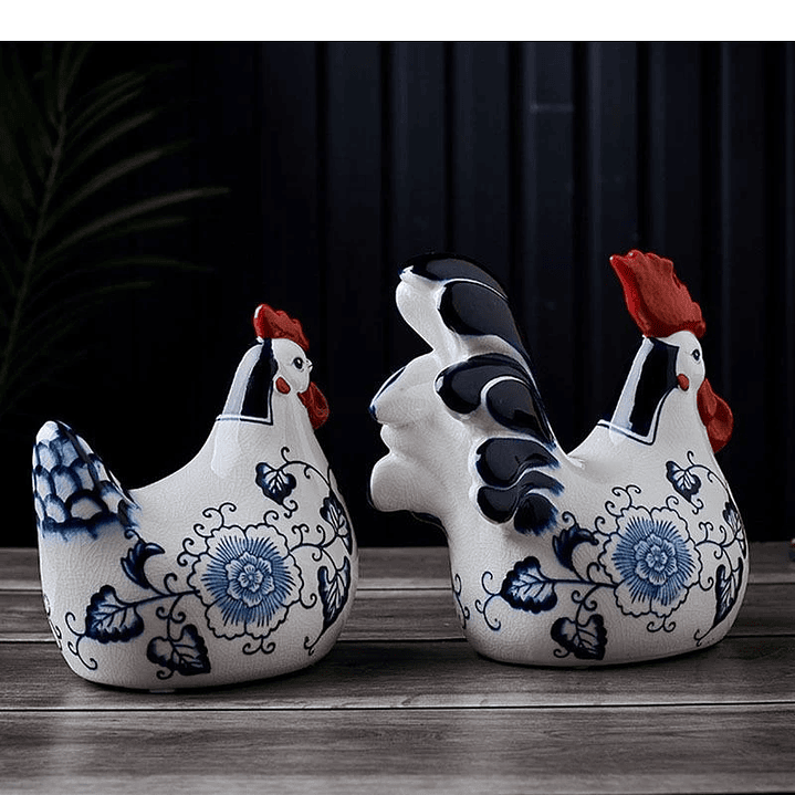 Figura de Galo/Galinha, em Porcelana craquelada – Decoração Azul e Branca Estilo Clássico 1