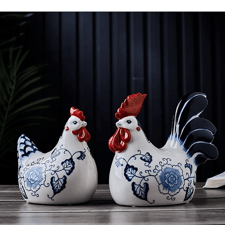 Figura de Galo/Galinha, em Porcelana craquelada – Decoração Azul e Branca Estilo Clássico 2