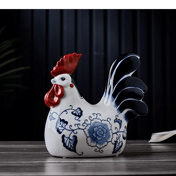 Figura de Galo/Galinha, em Porcelana craquelada – Decoração Azul e Branca Estilo Clássico 3