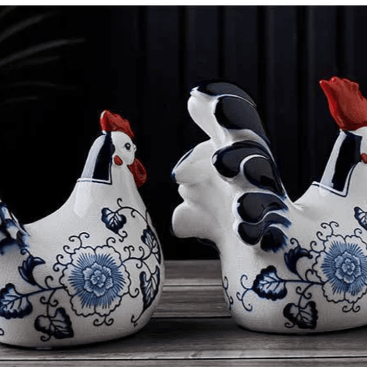Figura de Galo/Galinha, em Porcelana craquelada – Decoração Azul e Branca Estilo Clássico 8