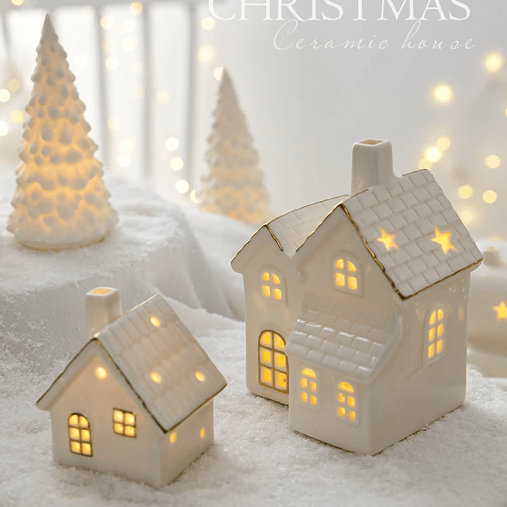Casa Iluminada em Cerâmica – Peça Decorativa com Boneco de Neve e Árvore 13