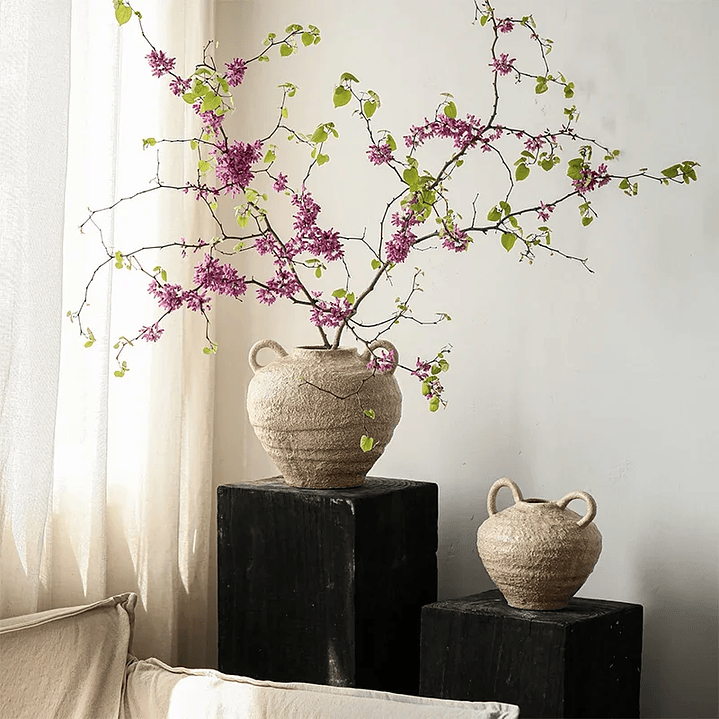 Conjunto de vasos de cerâmica Wabi Sabi, feitos à mão, estilo boho, com decoração vintage e acabamento envelhecido. 1