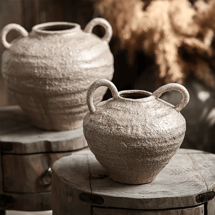 Conjunto de vasos de cerâmica Wabi Sabi, feitos à mão, estilo boho, com decoração vintage e acabamento envelhecido. 3