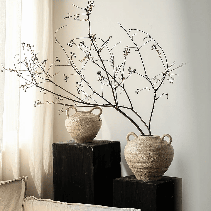 Conjunto de vasos de cerâmica Wabi Sabi, feitos à mão, estilo boho, com decoração vintage e acabamento envelhecido. 11