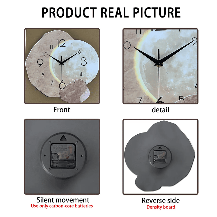 Relógio de parede moderno e silencioso em madeira, com design inspirado na lua. Ideal para sala, quarto ou escritório. Decoração elegante e minimalista. 9