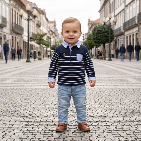 Polo camiseiro em jersey riscas com bolso, cotoveleiras e bordado