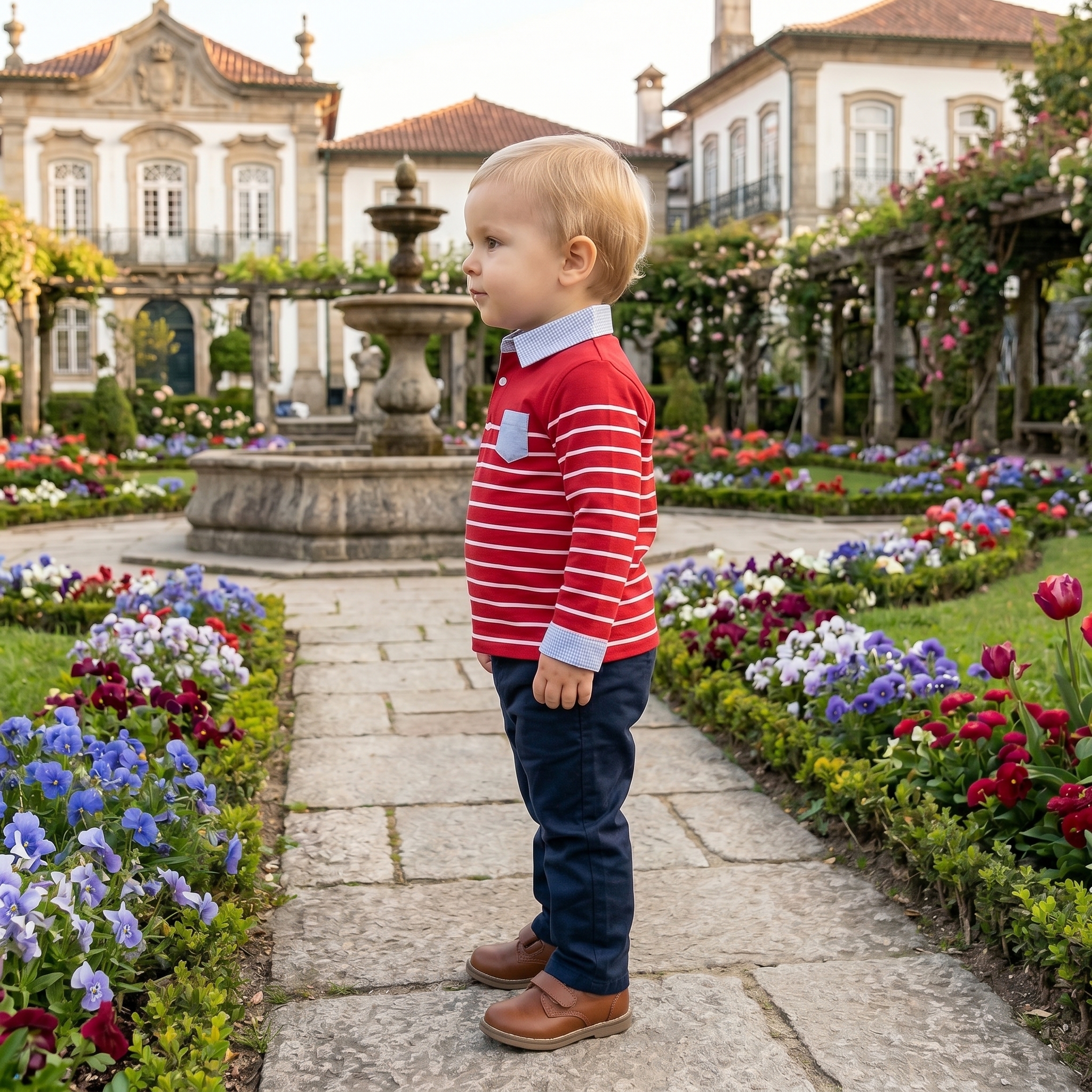 Polo camiseiro em jersey riscas com bolso, cotoveleiras e bordado 2