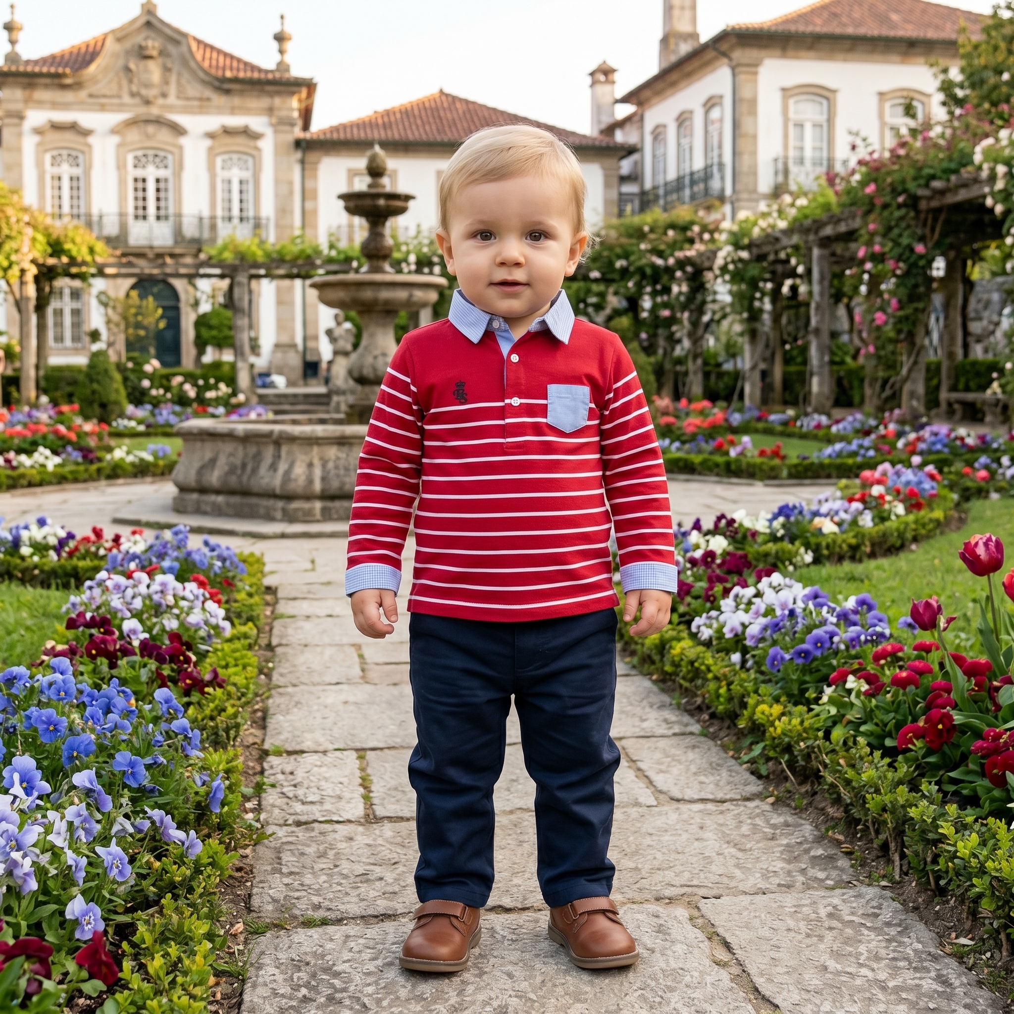 Polo camiseiro em jersey riscas com bolso, cotoveleiras e bordado 1