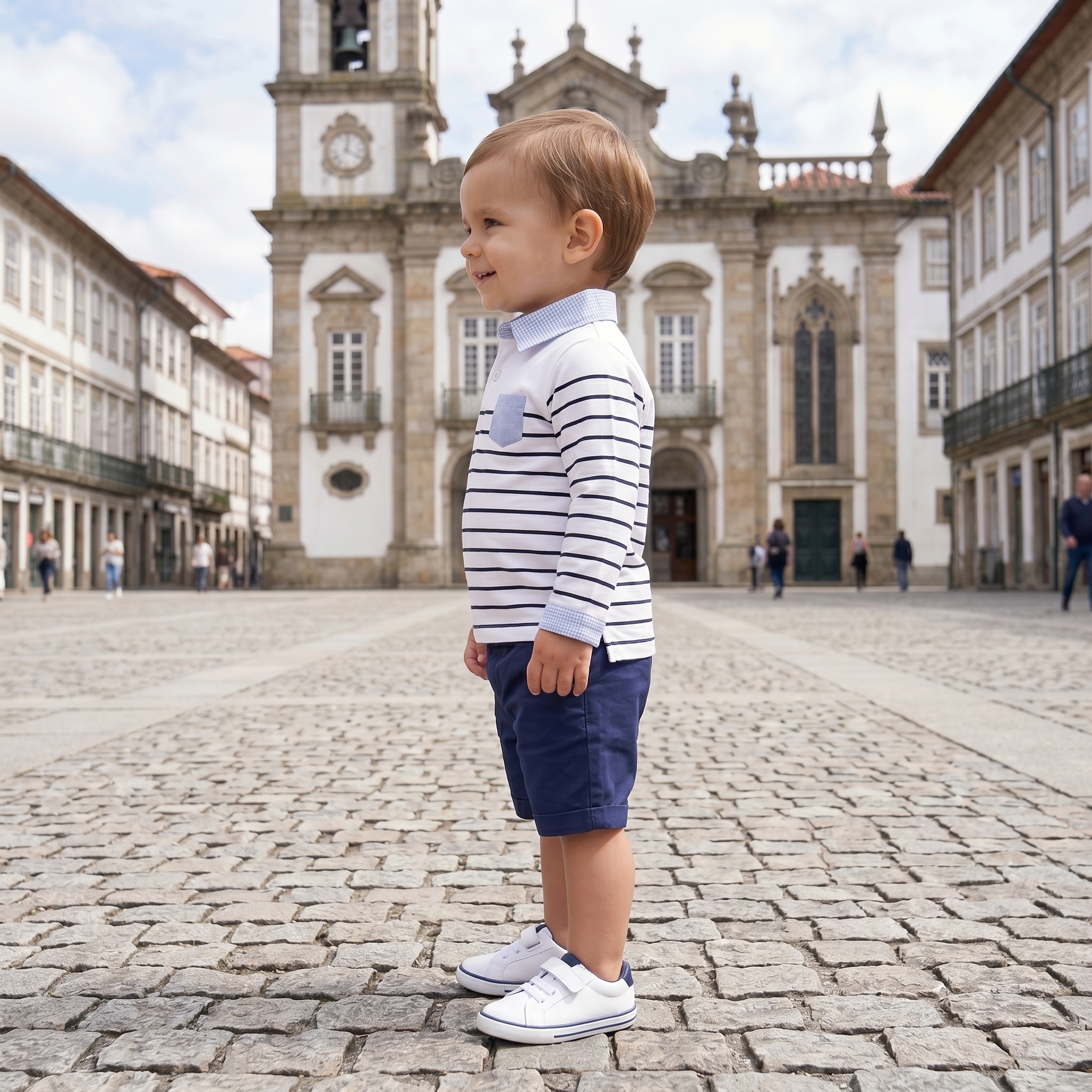 Polo camiseiro em jersey riscas com bolso, cotoveleiras e bordado 2