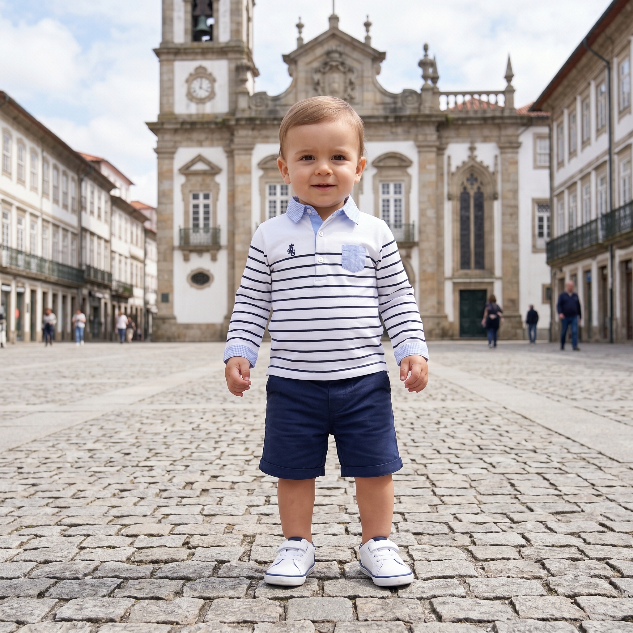 Polo camiseiro em jersey riscas com bolso, cotoveleiras e bordado 1