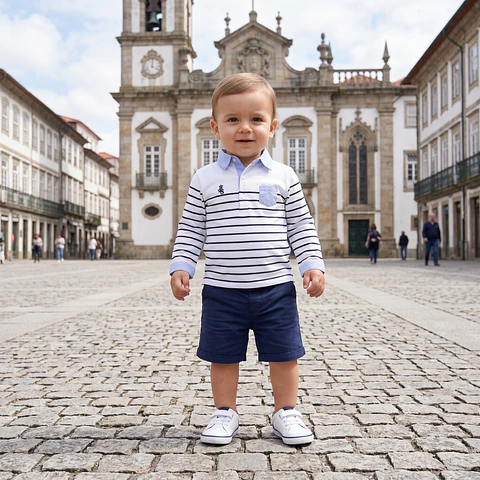 Polo camiseiro em jersey riscas com bolso, cotoveleiras e bordado