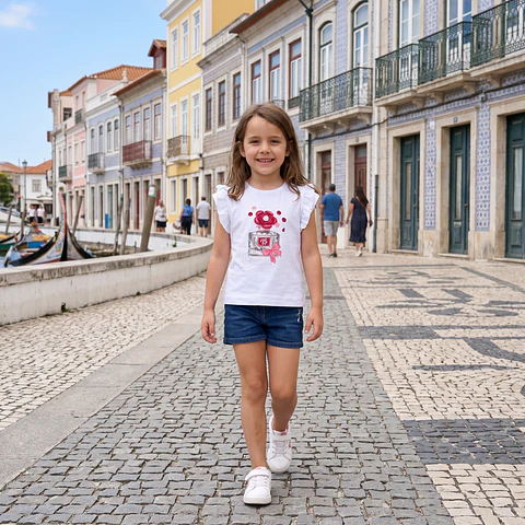T-shirt com estampado, glitter e strass