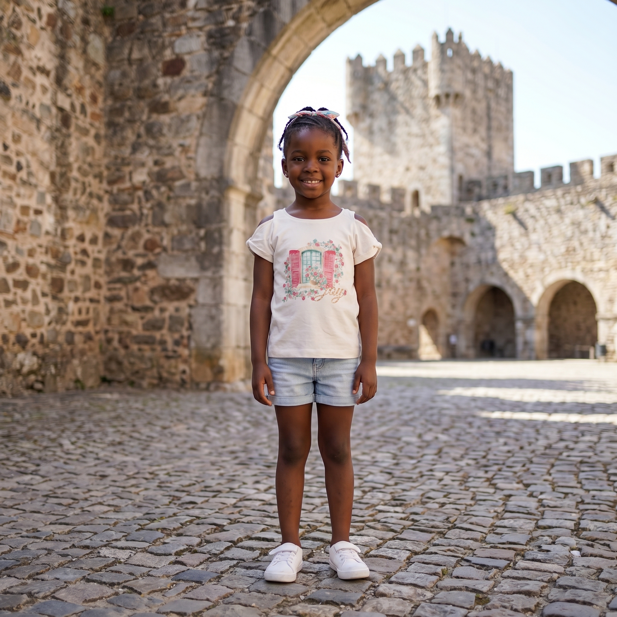 T-shirt com estampado, strass e ombros descobertos 1