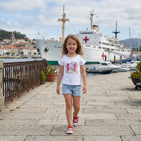 T-shirt com estampado, strass e ombros descobertos