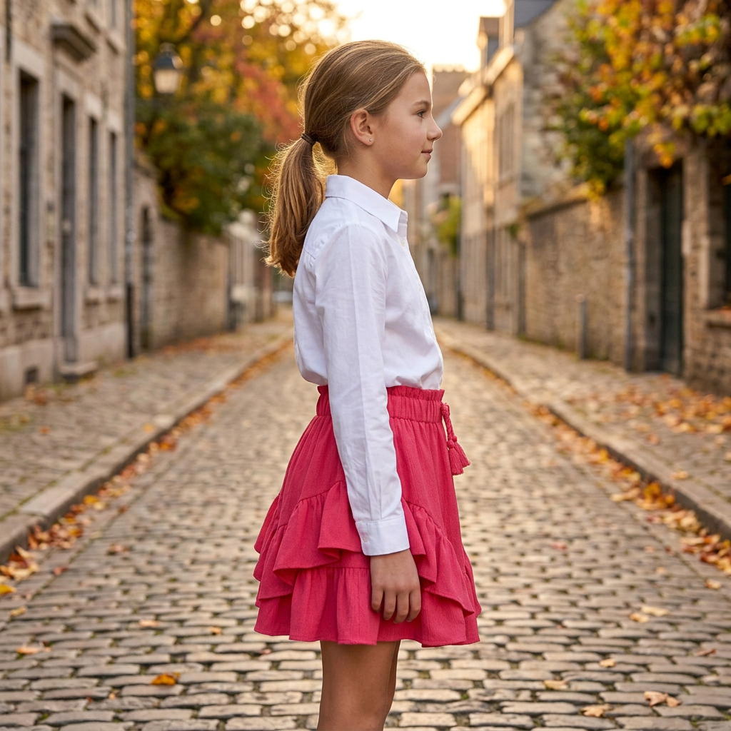 Saia Crepe Folhos Rosa 2