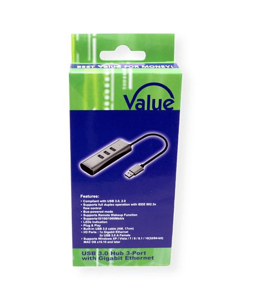 VALUE USB3.2 Gen1 para Gigabit Ethernet Adaptador + 3x USB3.2 Gen1 Hub