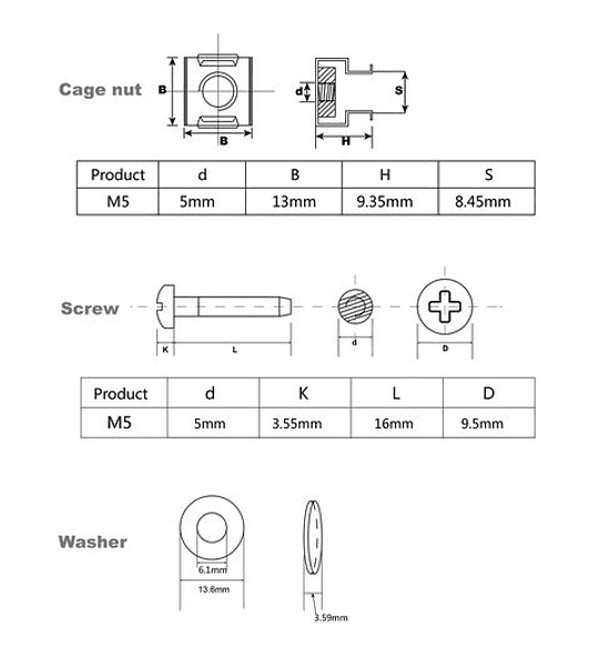 ROLINE Screw M5 x16 + cage nut, 100 set/bag