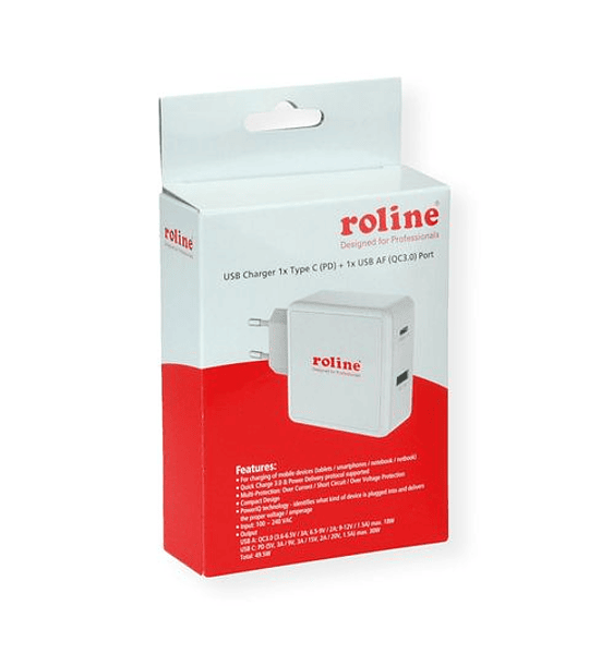 ROLINE Power Wall Charger, 2x USB, 1x QC3.0 + 1x C (PD), 49.5W