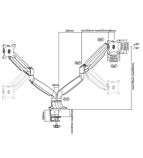 VALUE Dual Monitor Arm, Desk Clamp, 4 Joints, height adjustable separately, gas spring