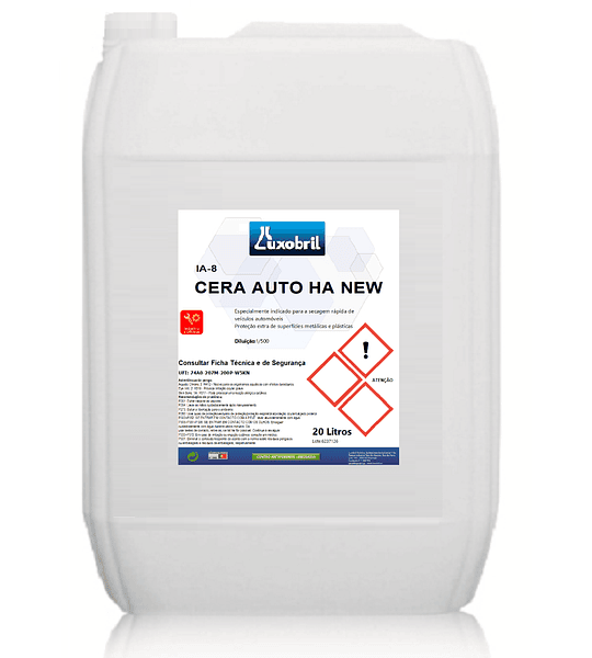 IA-8 CERA AUTO HA NEW - Cera Técnica de Secagem Rápida para Veículos – Brilho e Proteção Anticorrosiva - 20 Litros
